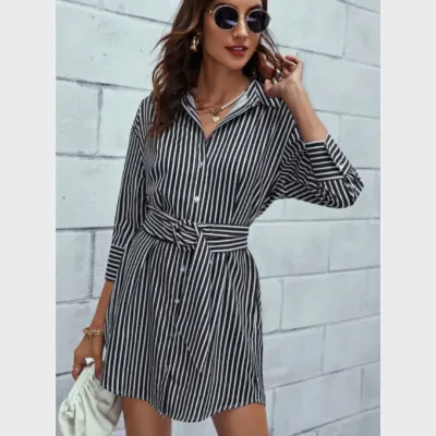 SHEIN Stripe Print Belted Shirt Dress 