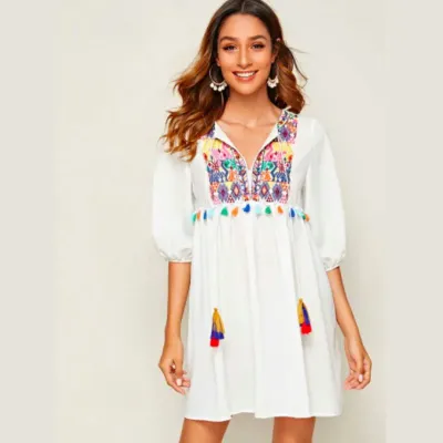 SHEIN Tie Neck Tassel Detail Embroidered Tribal Smock Dress (L)