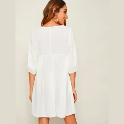 SHEIN Tie Neck Tassel Detail Embroidered Tribal Smock Dress (L)