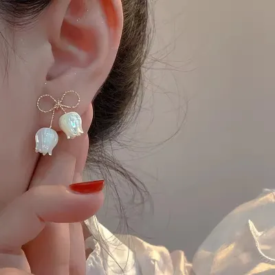 White Tulip Flower Bowknot Stud Earrings