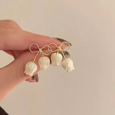 White Tulip Flower Bowknot Stud Earrings