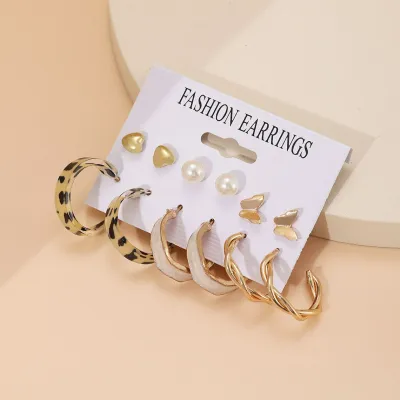 6 Pairs Pearl Heart Leopard Geometric Earring Set 
