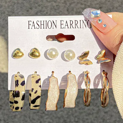 6 Pairs Pearl Heart Leopard Geometric Earring Set 