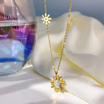  Stainless Steel Zircon Daisy Sun Flower  Necklaces 