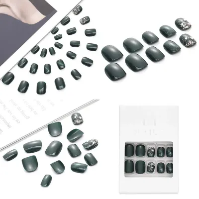 24 Pcs Green Glossy Oval Short Cat Eye False Nails Set 